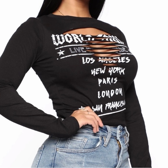 NEW Fashion Nova World Tour LA NY London Paris🌆 Black Laser Cut T Shirt L - Picture 5 of 16